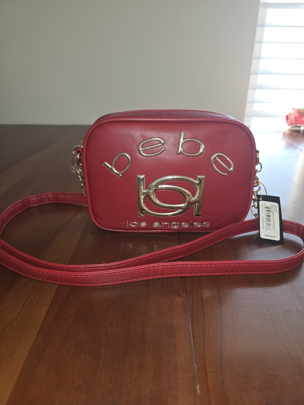 Bebe Los Angeles Red Camera Crossbody Bag with Gold Logo, New with Tags